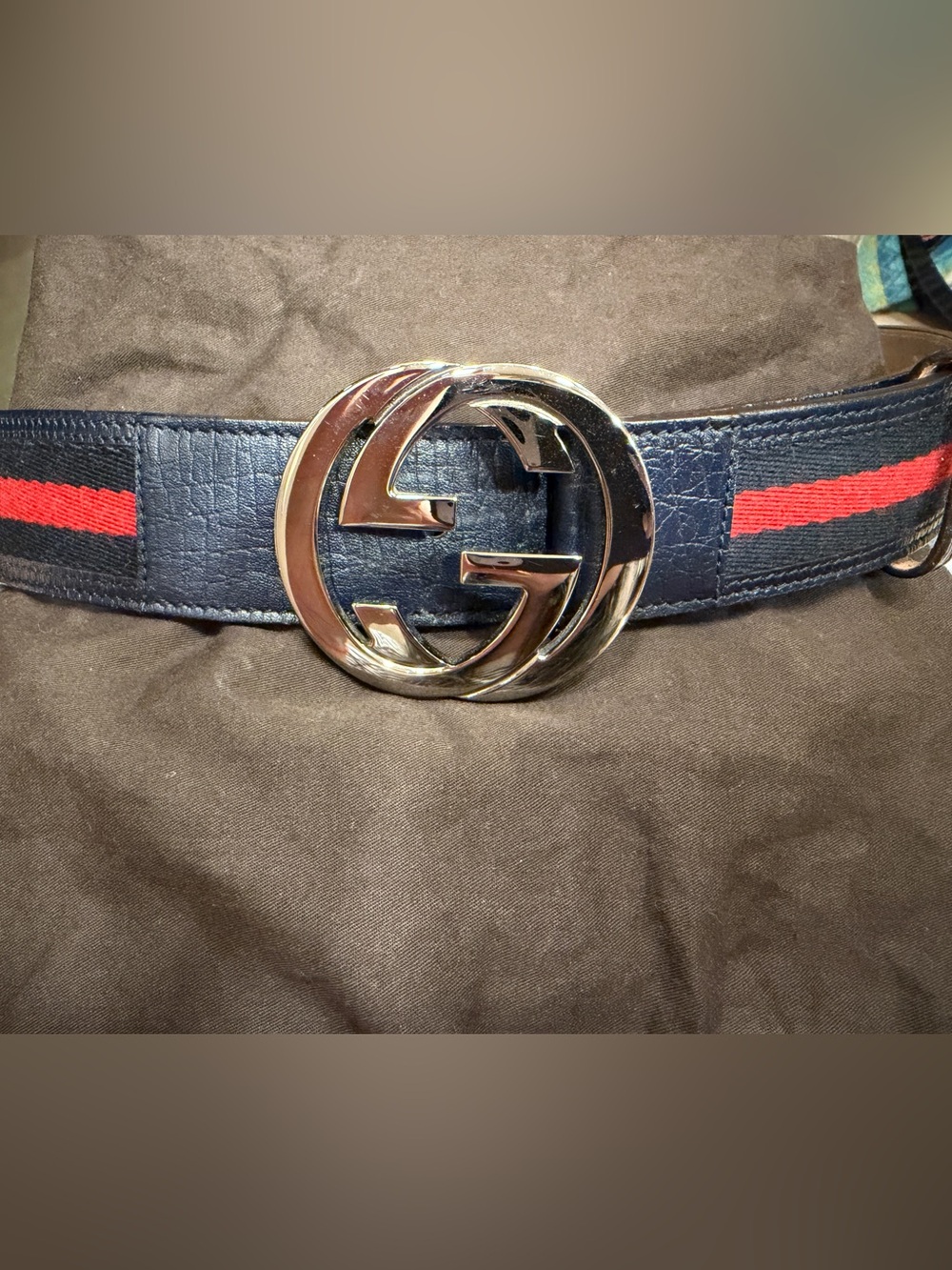 Men’s Gucci Navy Blue Leather Belt with Silver Double G Buckle Sz 100